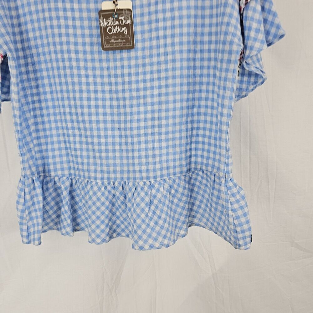Matilda Jane • Rural Route Gingham Blue White Top Size XS Floral - Picture 3 of 8